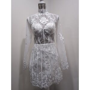 Women's White Lace Applique High Neck Short Wedding Dress Angel Whimsy Coquette